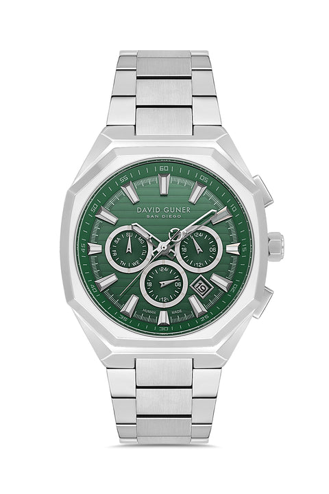 David Guner 9098GA-A10 men's watch with green dial, silver-tone case and stainless steel bracelet – front view