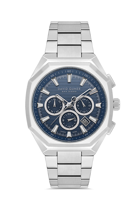 David Guner 9098GA-A3 men's watch with blue dial, silver-tone case and stainless steel bracelet – front view
