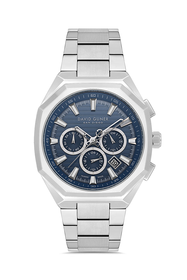 David Guner 9098GA-A3 men's watch with blue dial, silver-tone case and stainless steel bracelet – front view