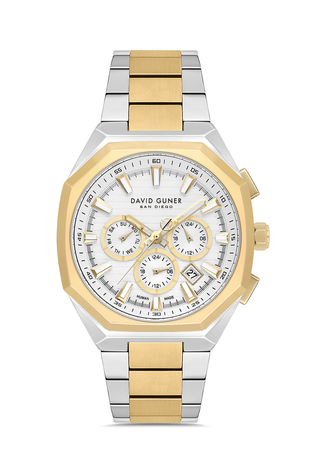 David Guner 9098GA-D1 men's watch with silver dial, two-tone case and stainless steel bracelet – front view