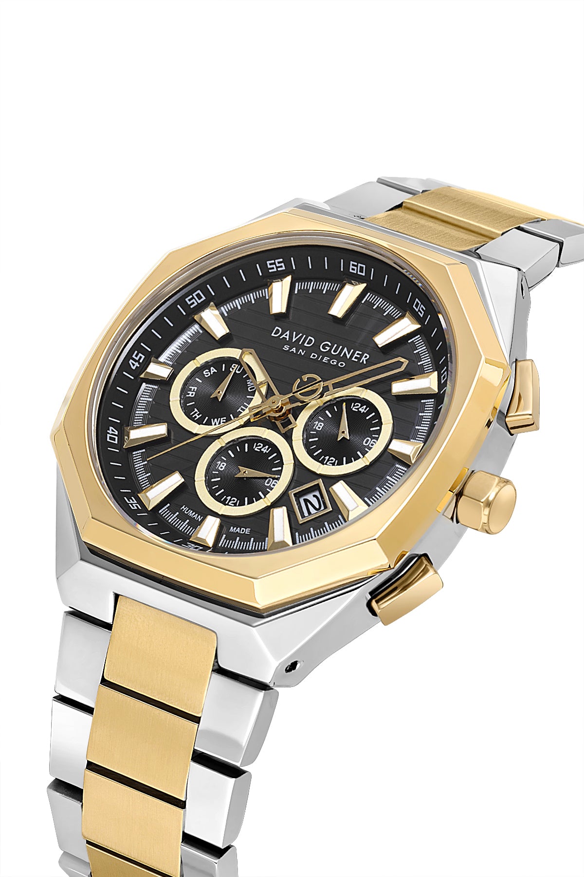 David Guner 9098GA-D2 men's watch with black dial, two-tone case and stainless steel bracelet – angled view