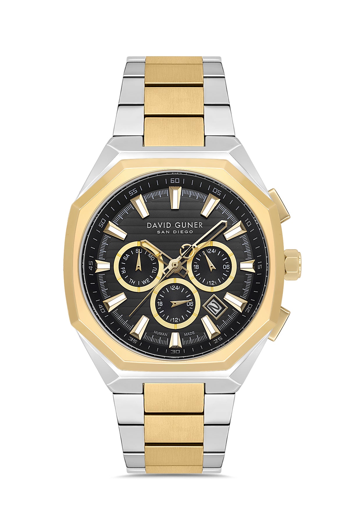 David Guner 9098GA-D2 men's watch with black dial, two-tone case and stainless steel bracelet – front view