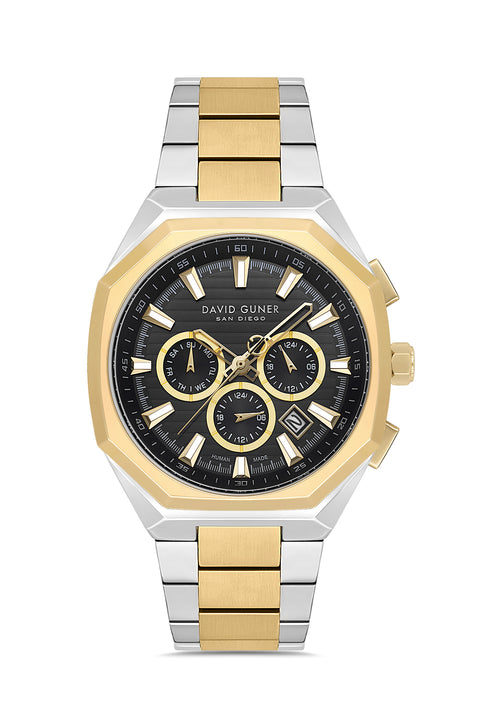 David Guner 9098GA-D2 men's watch with black dial, two-tone case and stainless steel bracelet – front view