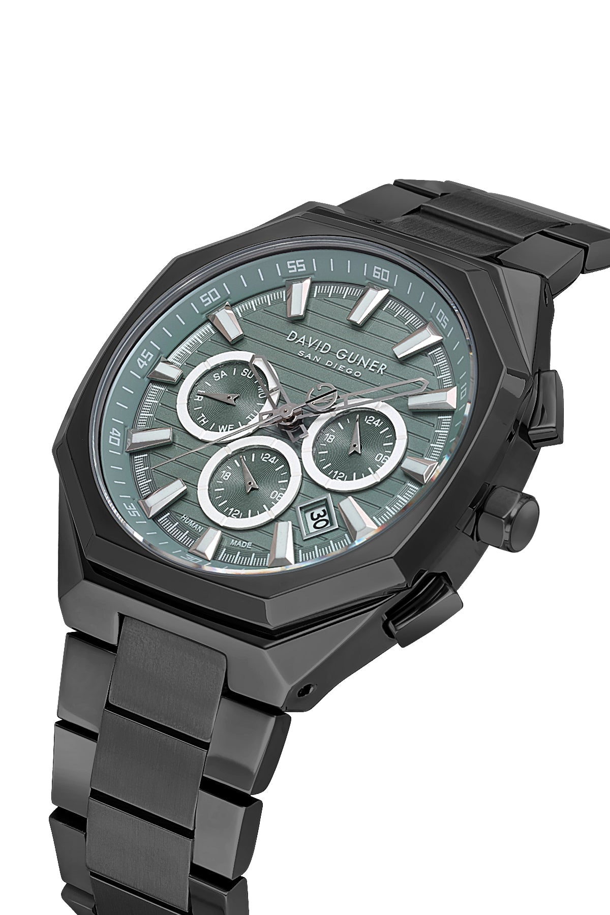 David Guner 9098GA-V3 men's watch with sage green dial, gray ion-plated case and stainless steel bracelet – angled view