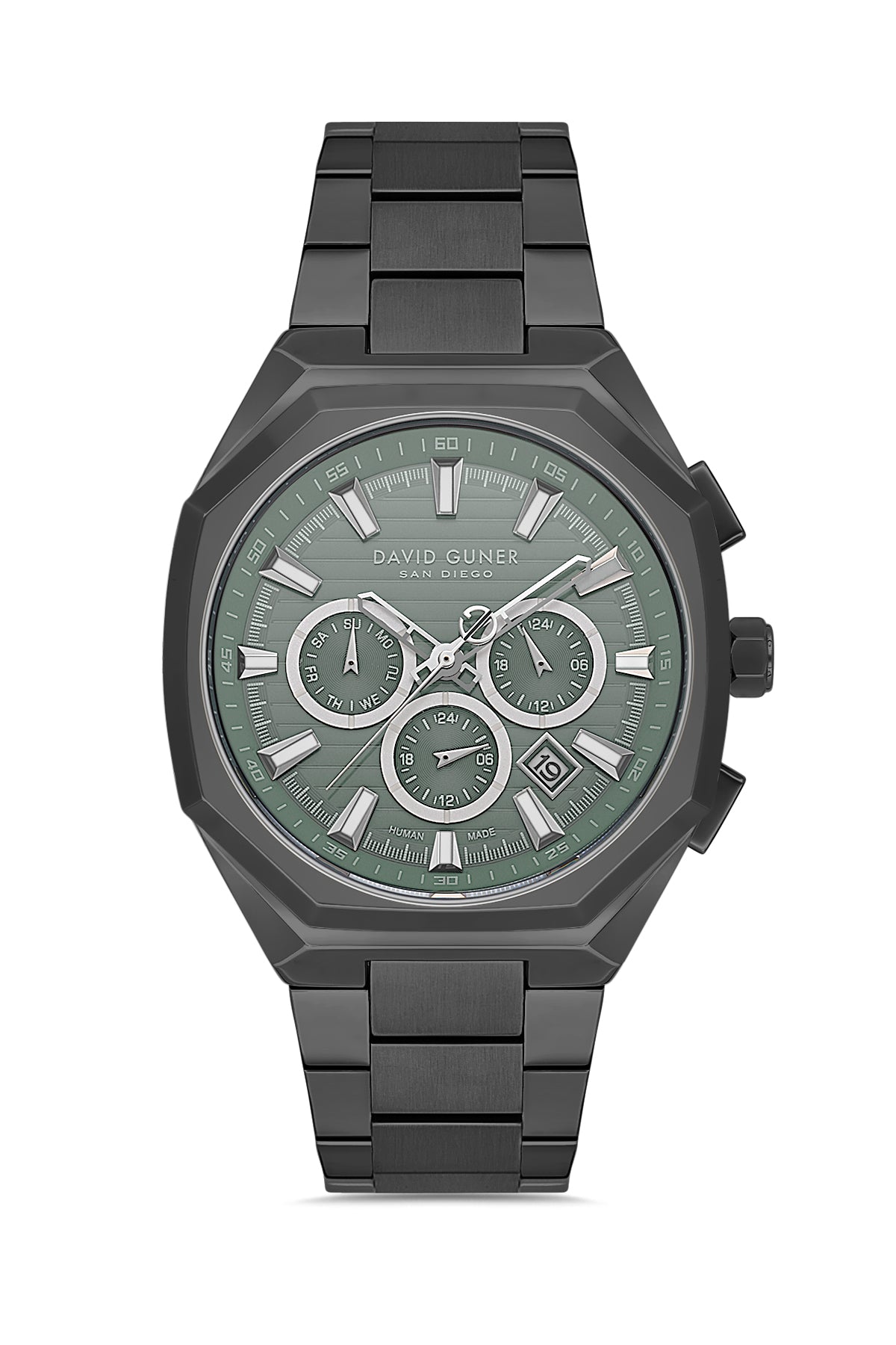 David Guner 9098GA-V3 men's watch with sage green dial, gray ion-plated case and stainless steel bracelet – front view