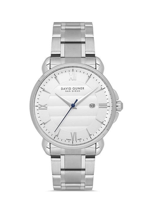 David Guner 9100GA-A1 men's watch with white dial, silver-tone case and stainless steel bracelet – front view