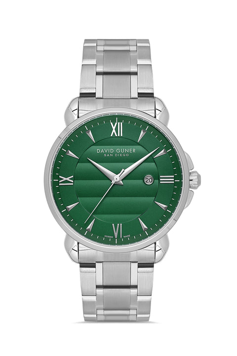 David Guner 9100GA-A10 men's watch with green dial, silver-tone case and stainless steel bracelet – front view