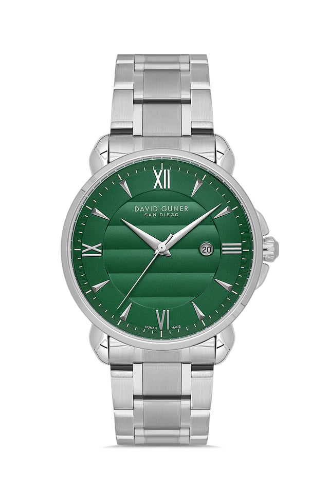 David Guner 9100GA-A10 men's watch with green dial, silver-tone case and stainless steel bracelet – front view