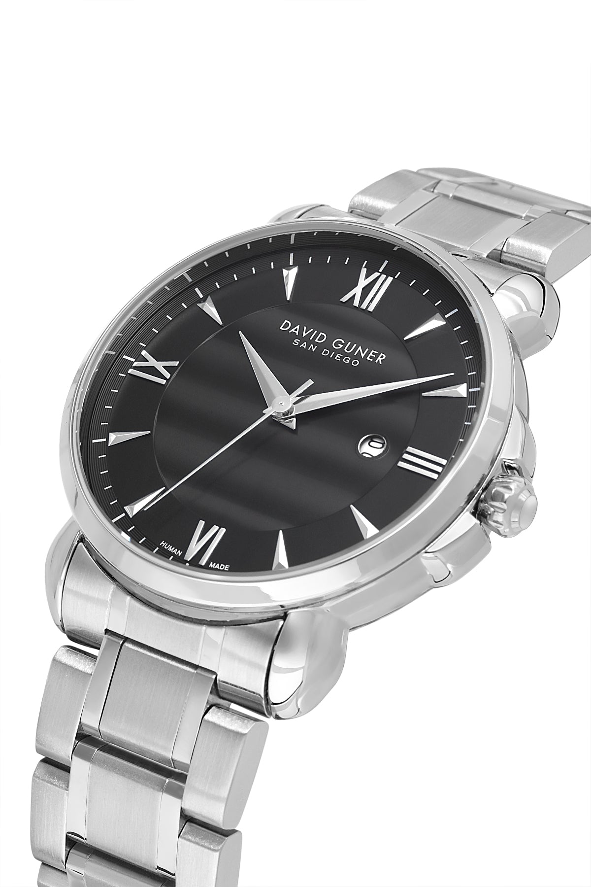 David Guner 9100GA-A2 men's watch with black dial, silver-tone case and stainless steel bracelet – angled view
