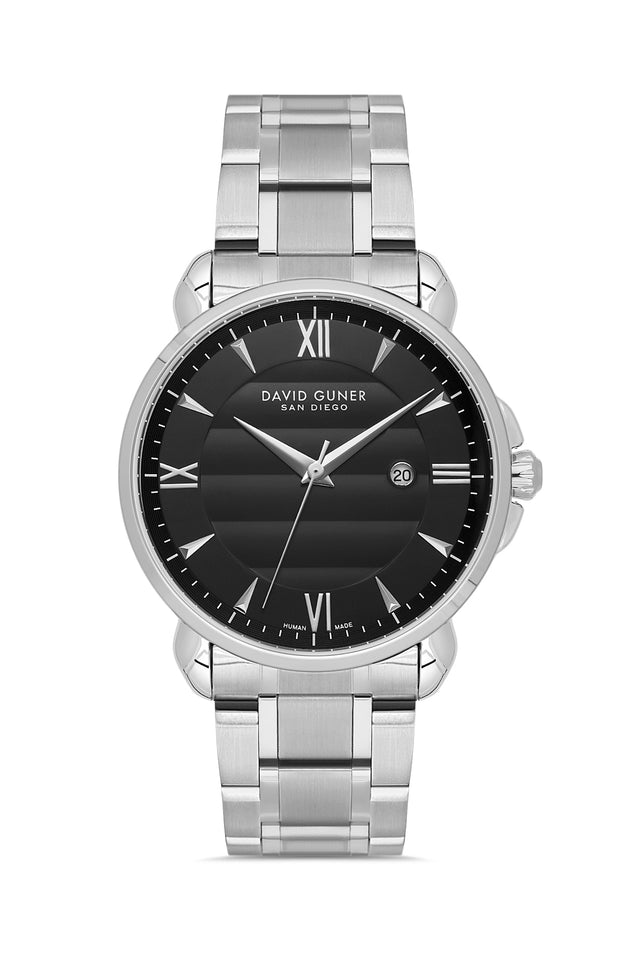 David Guner 9100GA-A2 men's watch with black dial, silver-tone case and stainless steel bracelet – front view