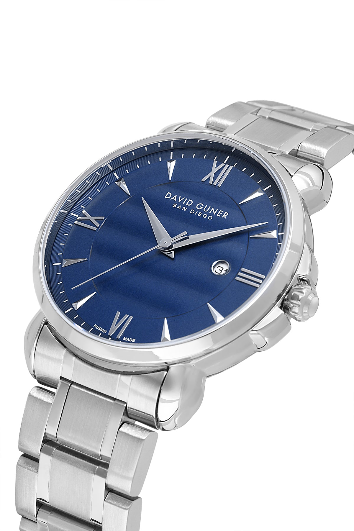 David Guner 9100GA-A3 men's watch with blue dial, silver-tone case and stainless steel bracelet – angled view