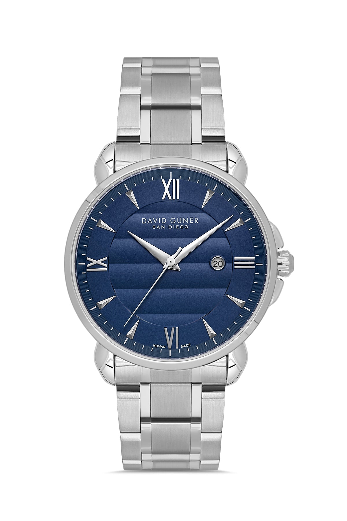 David Guner 9100GA-A3 men's watch with blue dial, silver-tone case and stainless steel bracelet – front view