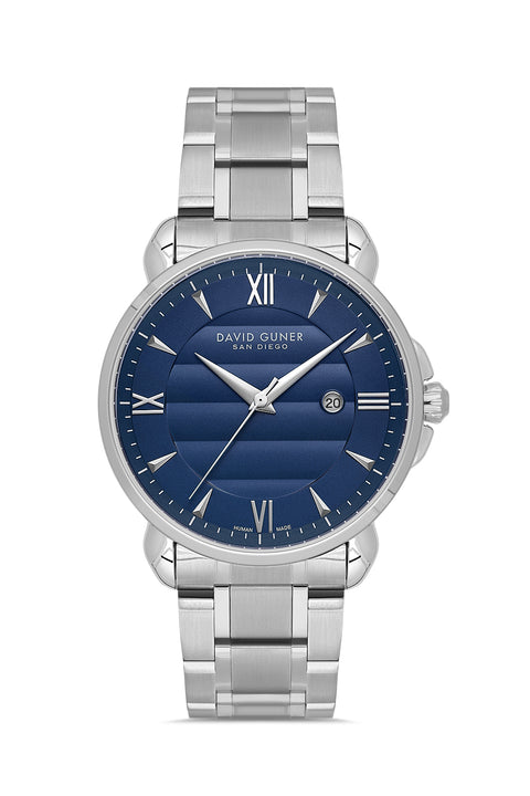 David Guner 9100GA-A3 men's watch with blue dial, silver-tone case and stainless steel bracelet – front view