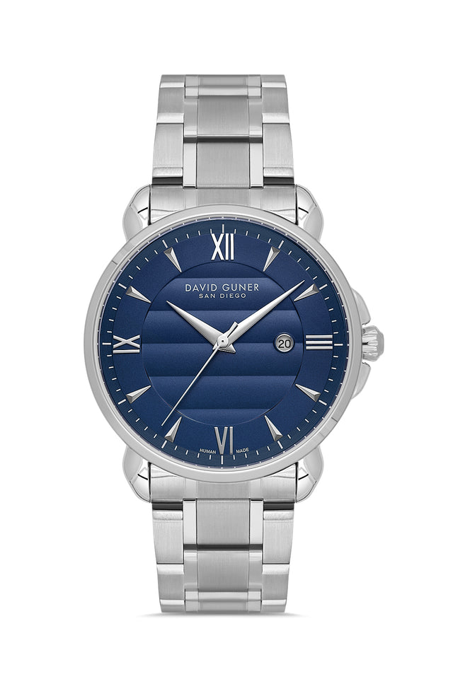 David Guner 9100GA-A3 men's watch with blue dial, silver-tone case and stainless steel bracelet – front view