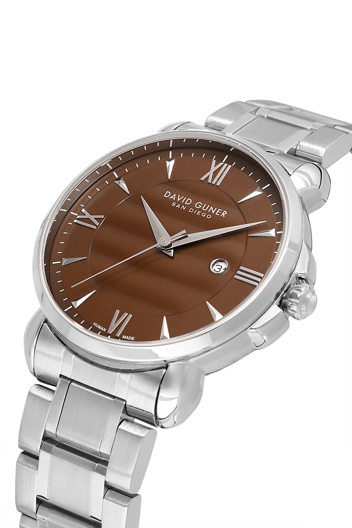 David Guner 9100GA-A6 men's watch with brown dial, silver-tone case and stainless steel bracelet – angled view