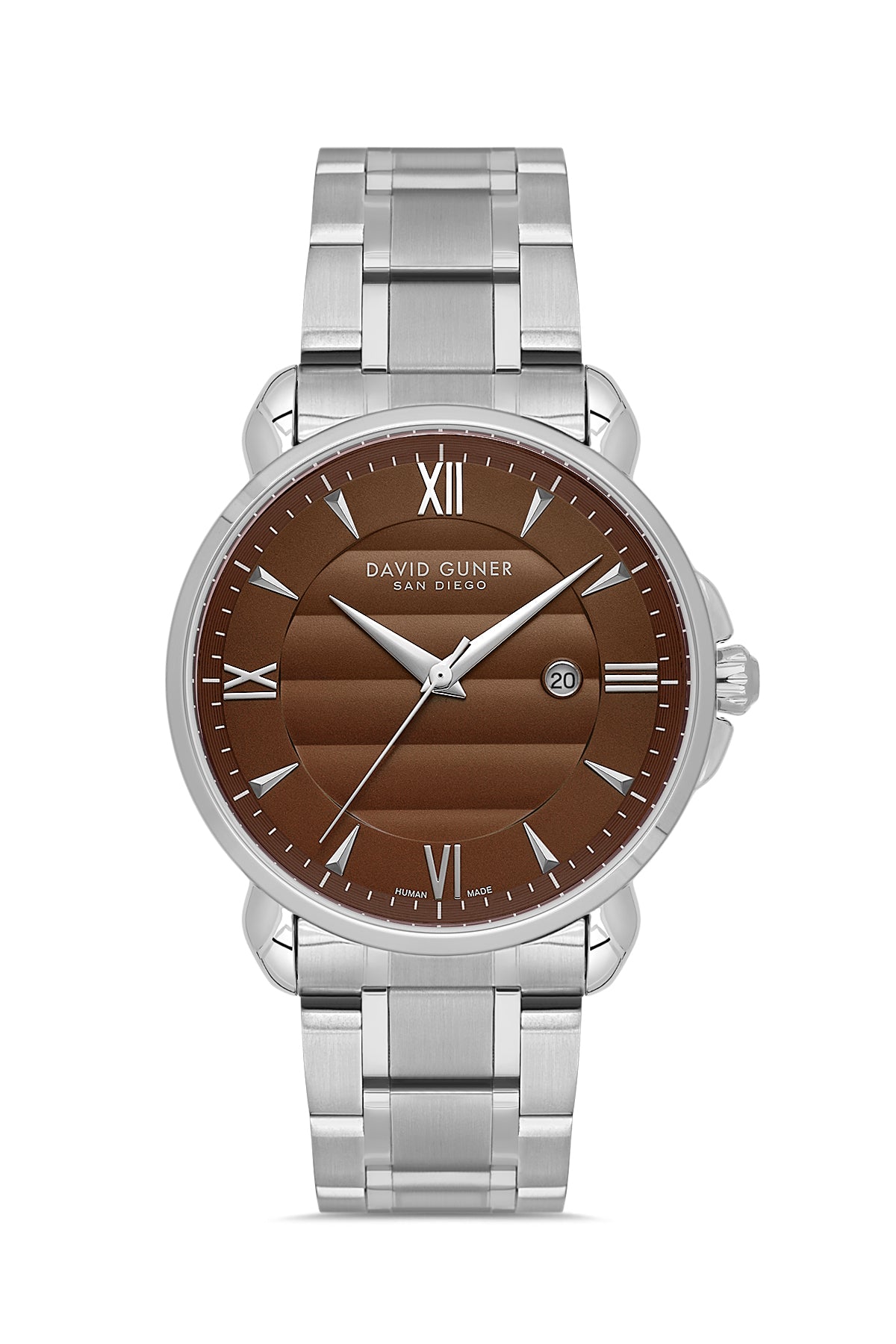 David Guner 9100GA-A6 men's watch with brown dial, silver-tone case and stainless steel bracelet – front view