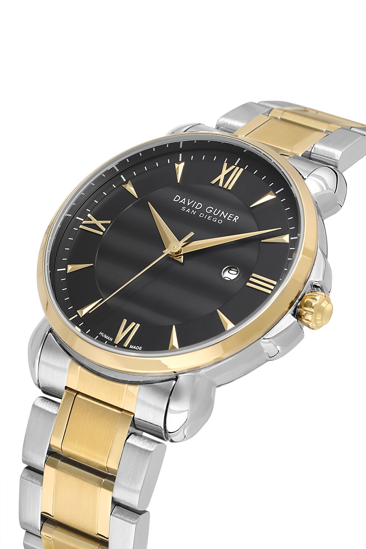 David Guner 9100GA-D2 men's watch with black dial, two-tone case and stainless steel bracelet – angled view