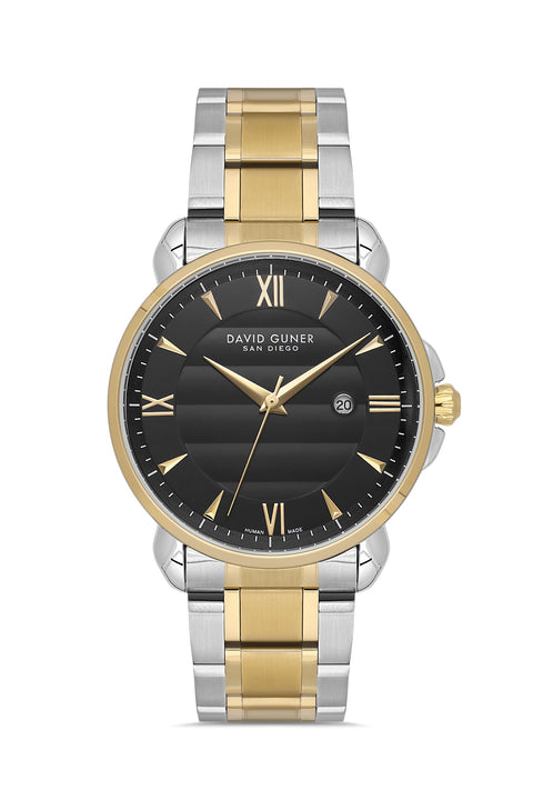 David Guner 9100GA-D2 men's watch with black dial, two-tone case and stainless steel bracelet – front view