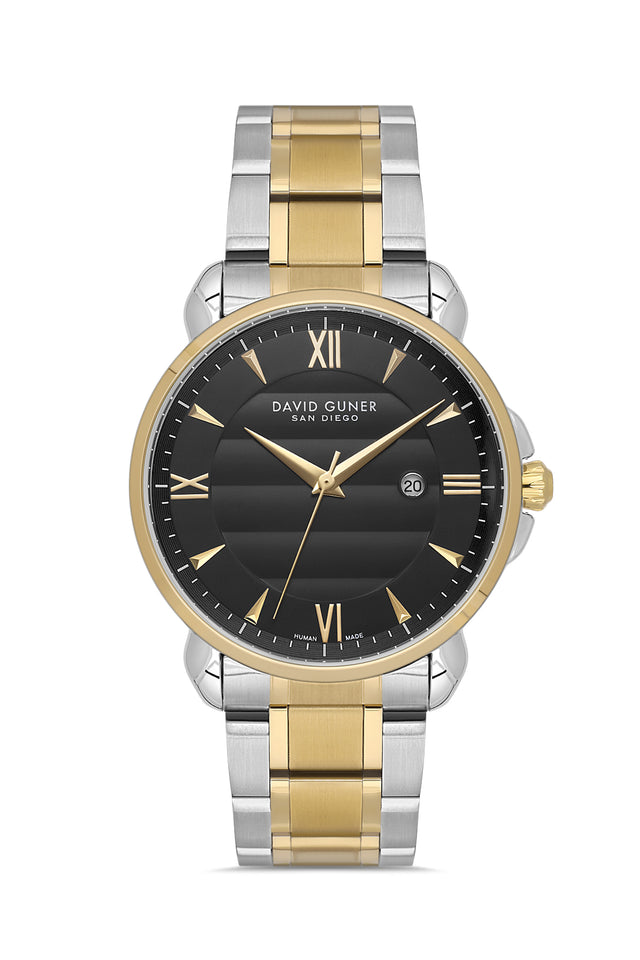 David Guner 9100GA-D2 men's watch with black dial, two-tone case and stainless steel bracelet – front view