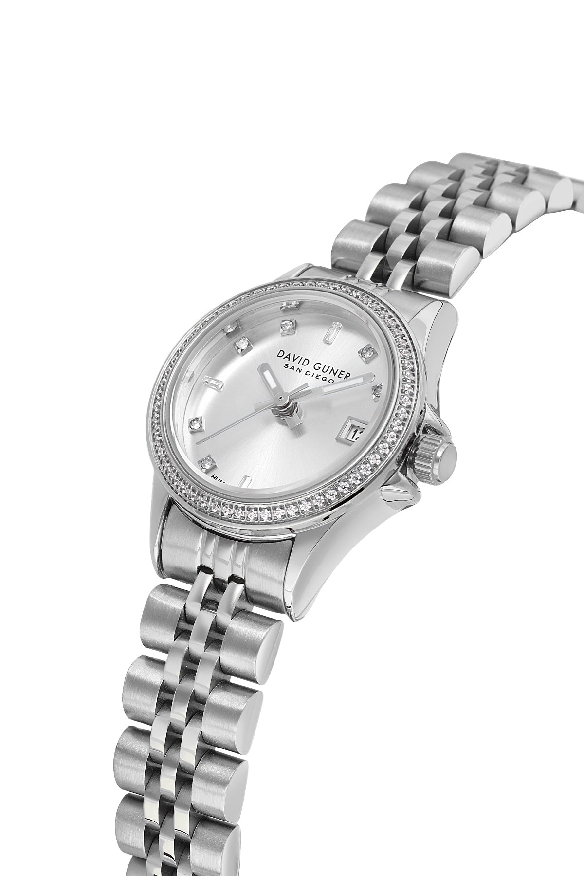 David Guner 9103LA-A1 women's watch with silver dial, silver-tone case and stainless steel bracelet – angled view