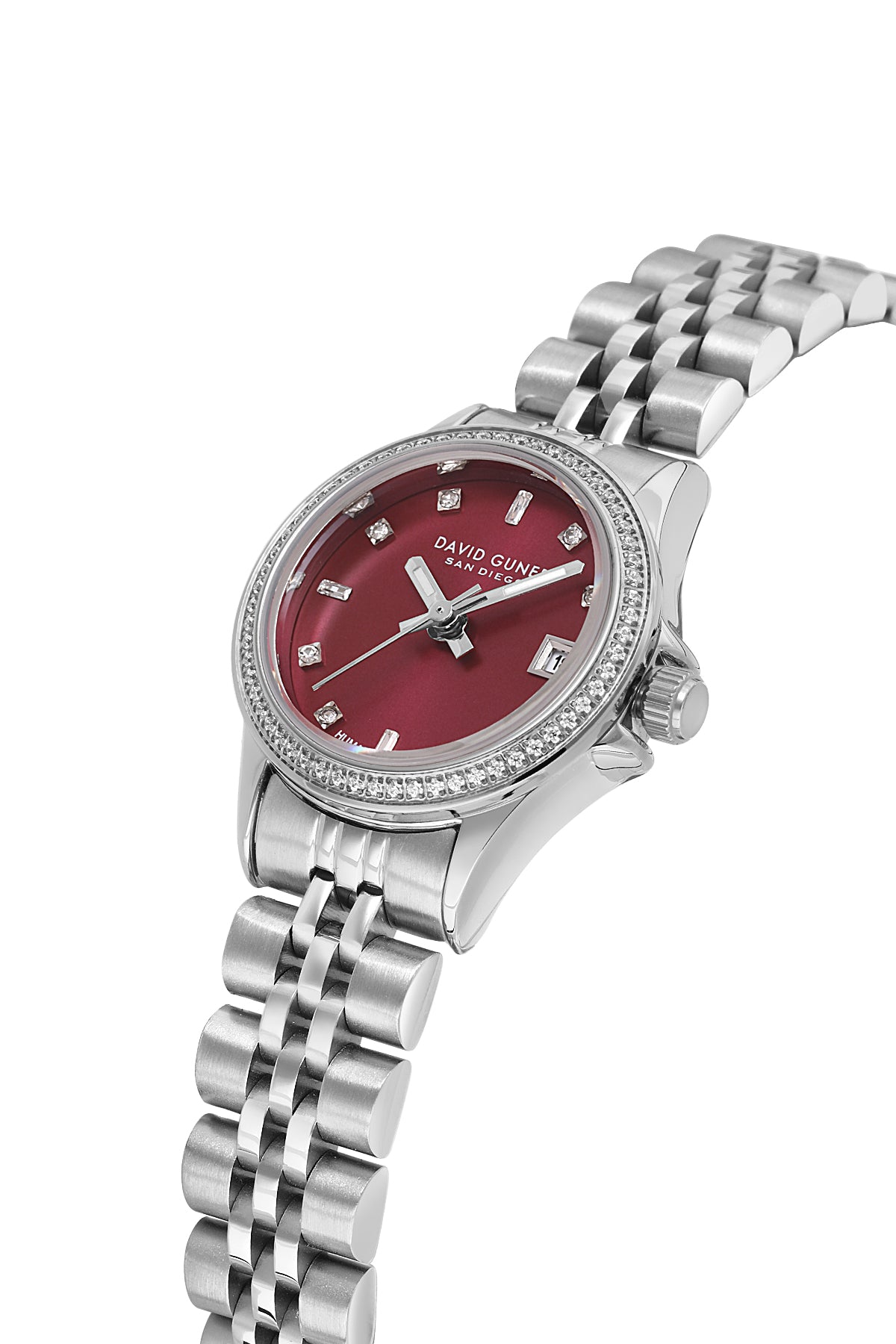 David Guner 9103LA-A14 women's watch with burgundy dial, silver-tone case and stainless steel bracelet – angled view