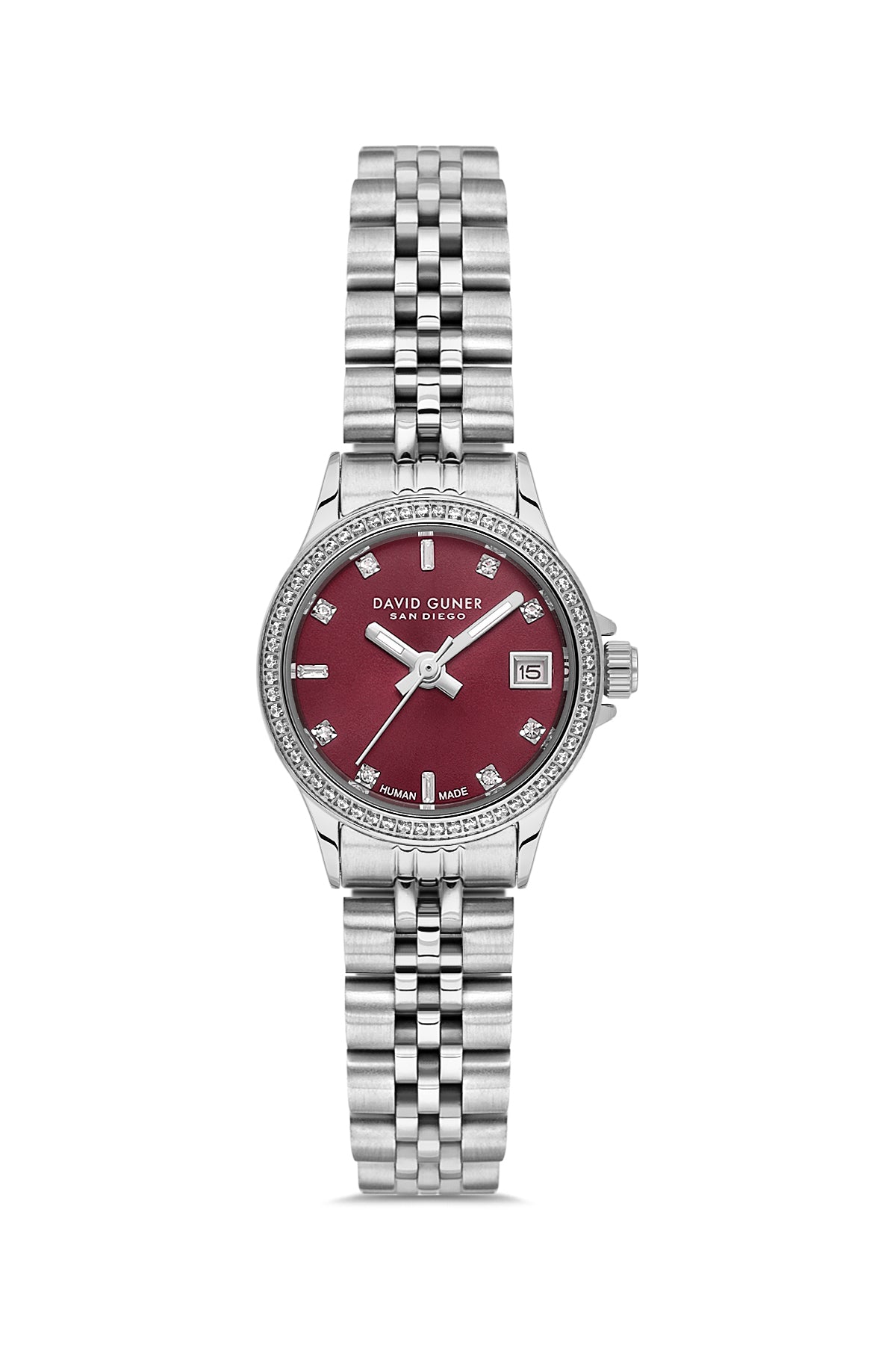 David Guner 9103LA-A14 women's watch with burgundy dial, silver-tone case and stainless steel bracelet – front view