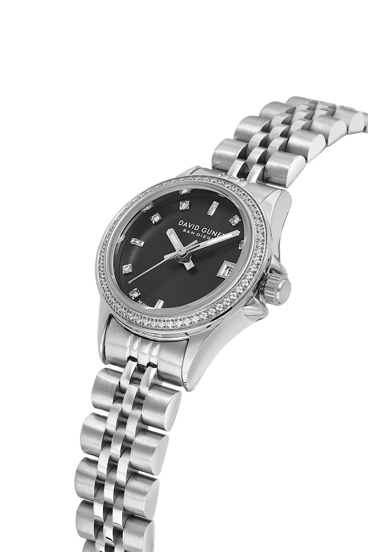 David Guner 9103LA-A2 women's watch with black dial, silver-tone case and stainless steel bracelet – angled view