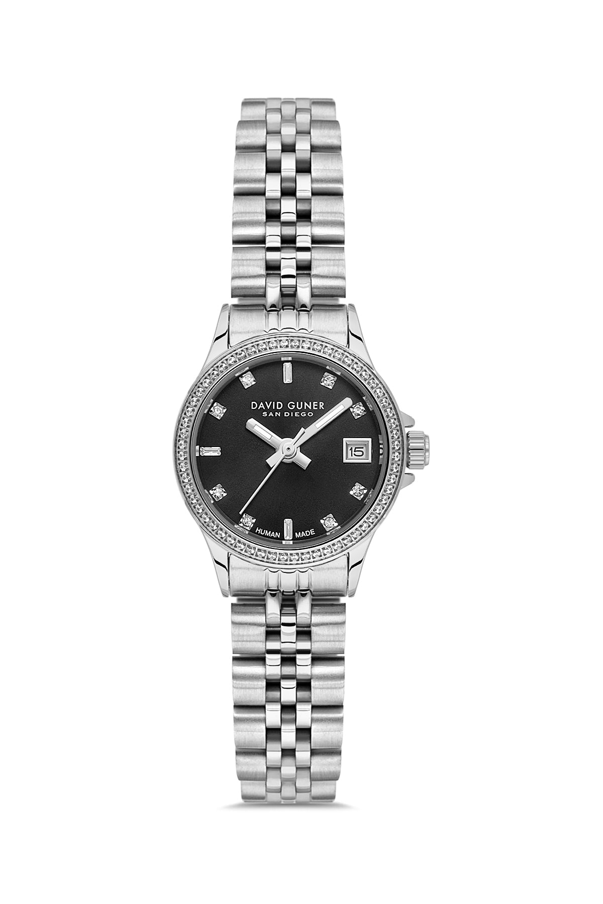David Guner 9103LA-A2 women's watch with black dial, silver-tone case and stainless steel bracelet – front view
