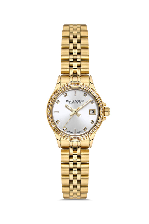 David Guner 9103LA-B1 women's watch with silver dial, gold-tone case and stainless steel bracelet – front view