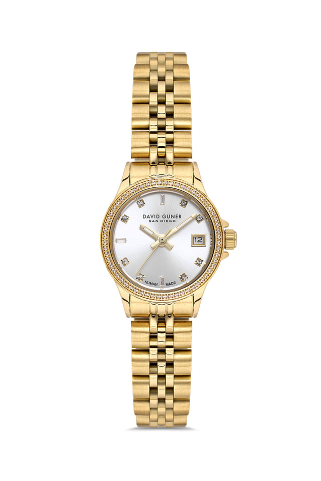 David Guner 9103LA-B1 women's watch with silver dial, gold-tone case and stainless steel bracelet – front view