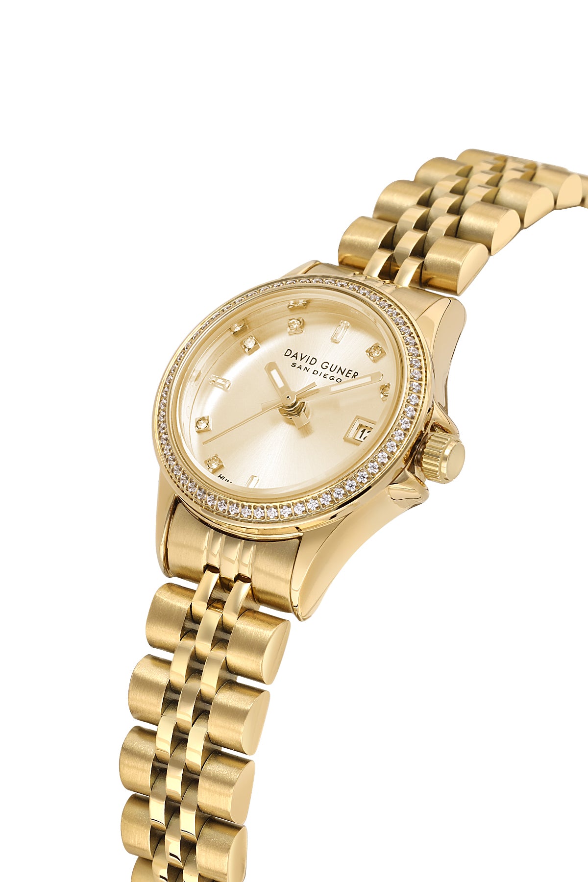 David Guner 9103LA-B4 women's watch with gold dial, gold-tone case and stainless steel bracelet – angled view