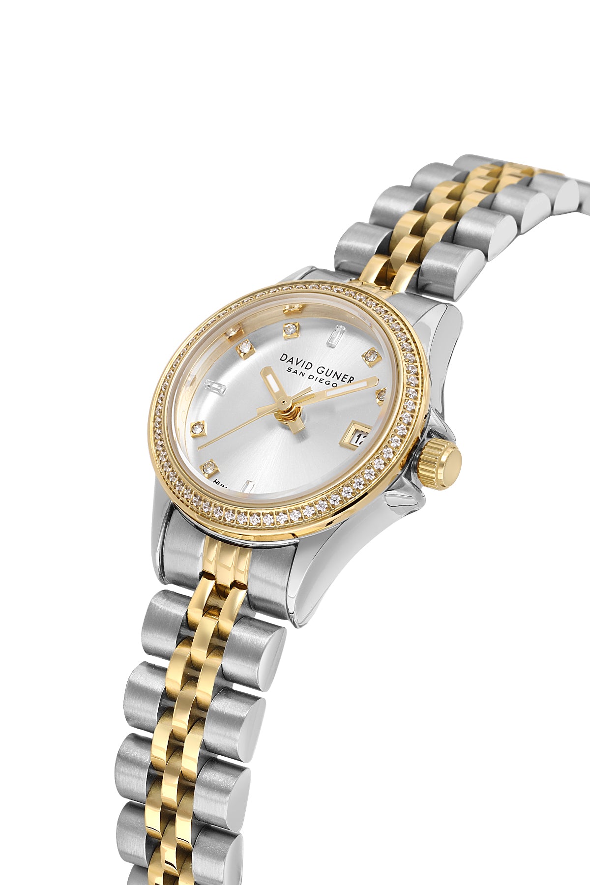 David Guner 9103LA-D1 women's watch with silver dial, two-tone case and stainless steel bracelet – angled view