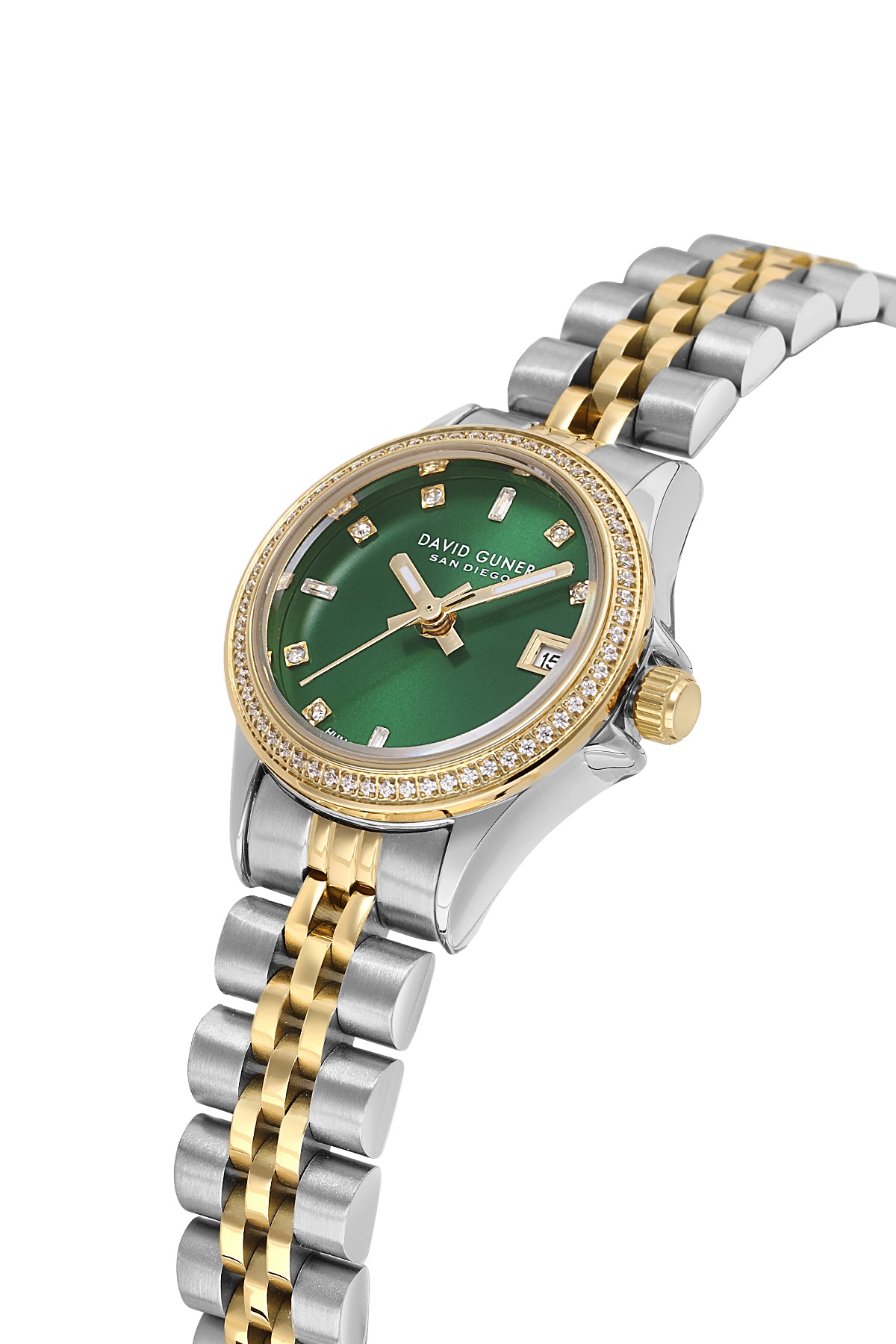David Guner 9103LA-D10 women's watch with green dial, two-tone case and stainless steel bracelet – angled view