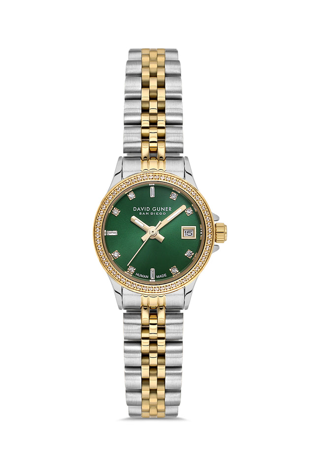 David Guner 9103LA-D10 women's watch with green dial, two-tone case and stainless steel bracelet – front view