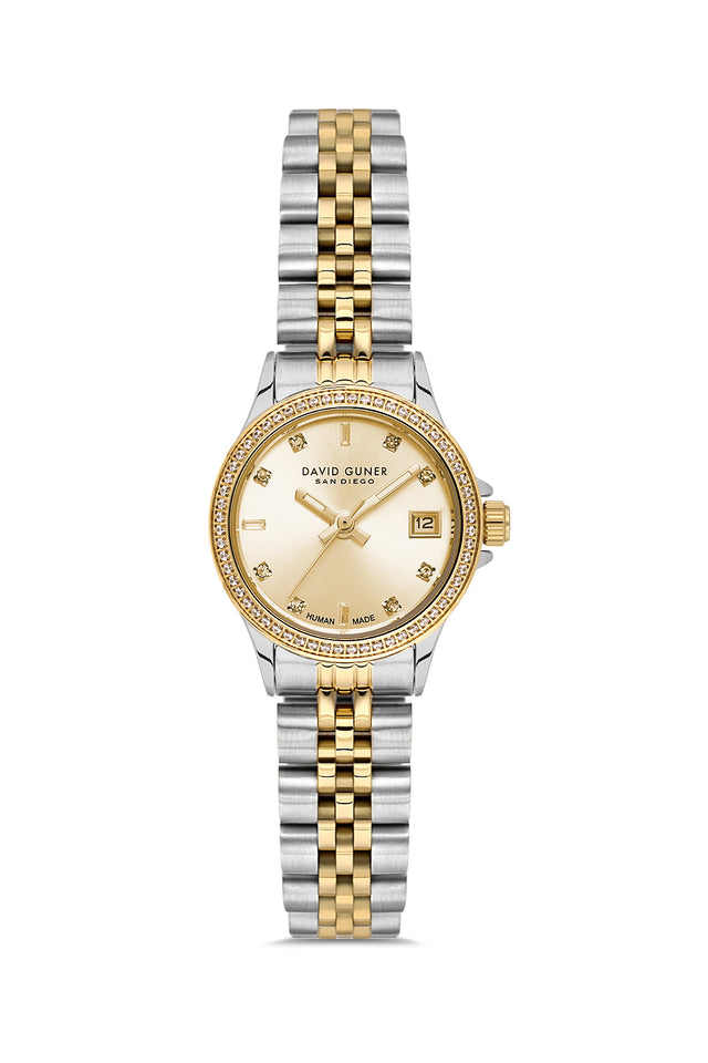 David Guner 9103LA-D4 women's watch with gold dial, two-tone case and stainless steel bracelet – front view