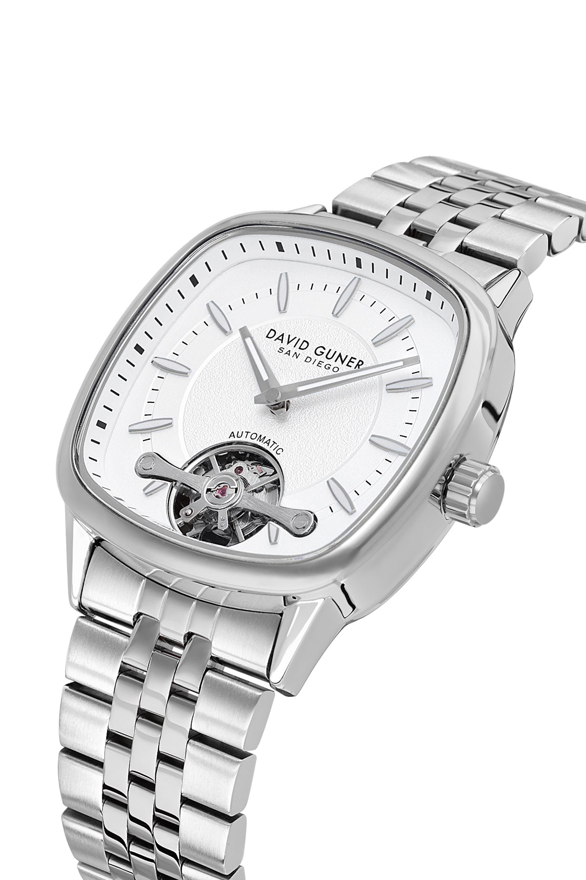 David Guner 9105GA-A1 men's automatic watch with white dial, silver-tone case and stainless steel bracelet – angled view