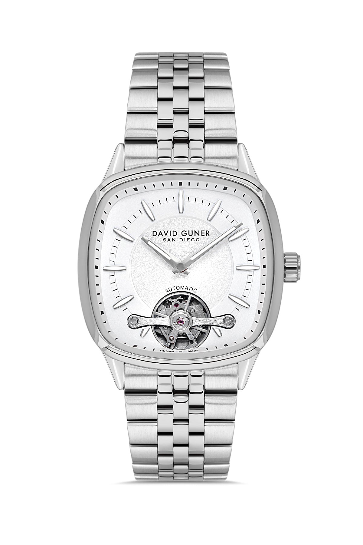 David Guner 9105GA-A1 men's automatic watch with white dial, silver-tone case and stainless steel bracelet – front view