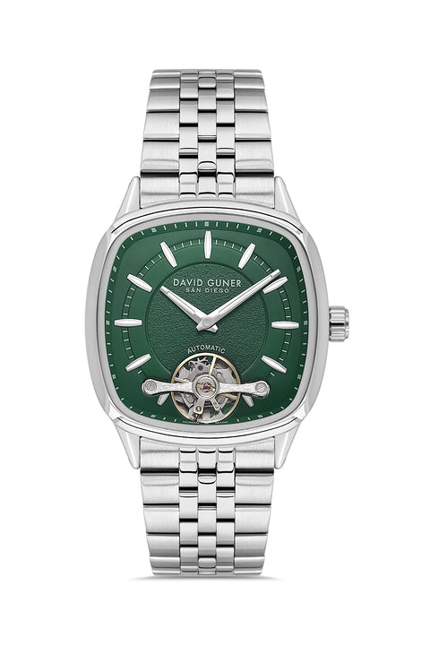 David Guner 9105GA-A10 men's automatic watch with green dial, silver-tone case and stainless steel bracelet – front view