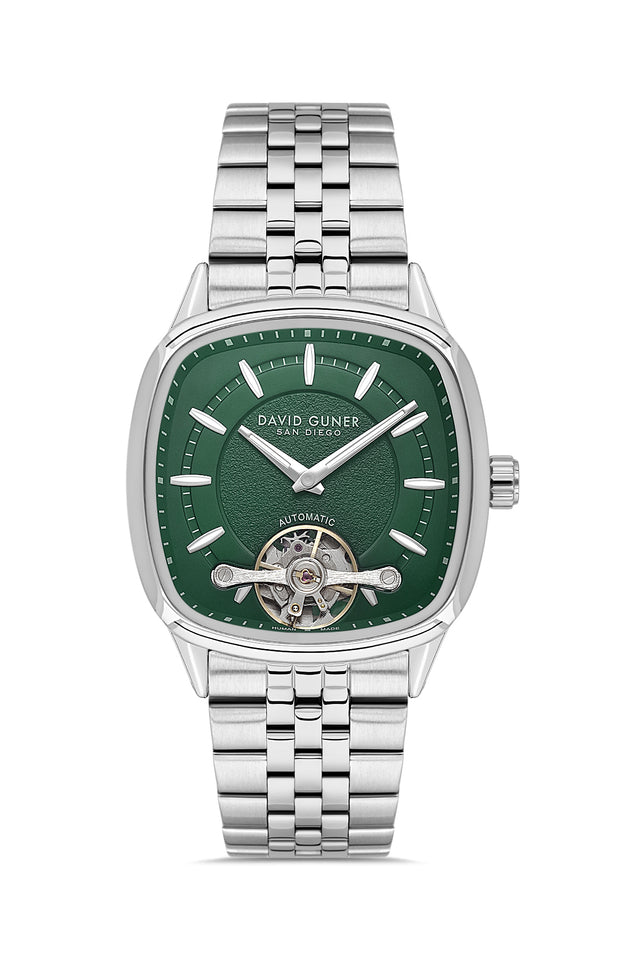 David Guner 9105GA-A10 men's automatic watch with green dial, silver-tone case and stainless steel bracelet – front view