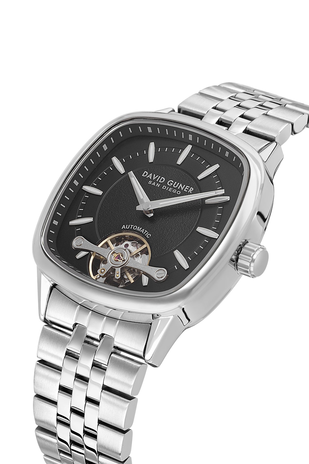 David Guner 9105GA-A2 men's automatic watch with black dial, silver-tone case and stainless steel bracelet – angled view