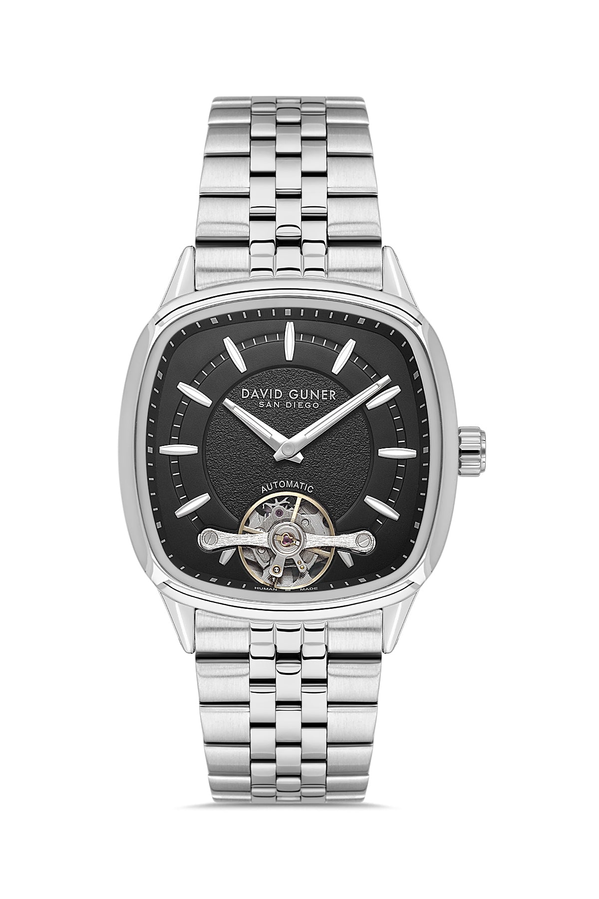David Guner 9105GA-A2 men's automatic watch with black dial, silver-tone case and stainless steel bracelet – front view