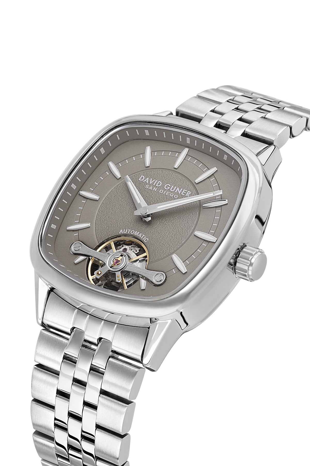 David Guner 9105GA-A9 men's automatic watch with gray dial, silver-tone case and stainless steel bracelet – angled view