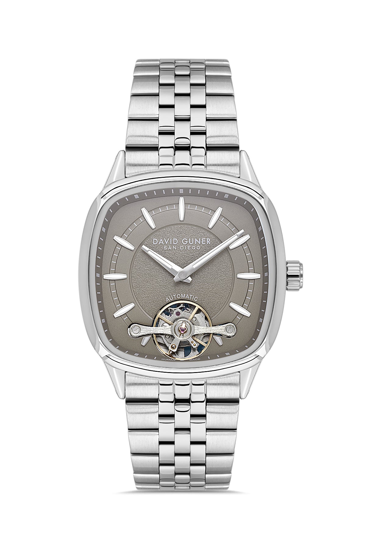 David Guner 9105GA-A9 men's automatic watch with gray dial, silver-tone case and stainless steel bracelet – front view