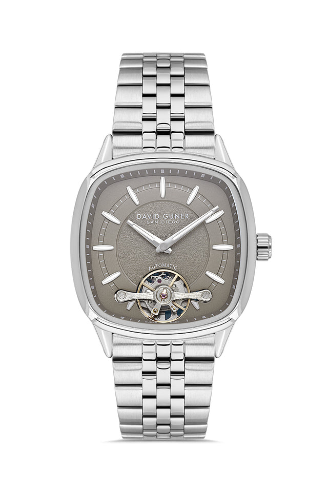 David Guner 9105GA-A9 men's automatic watch with gray dial, silver-tone case and stainless steel bracelet – front view