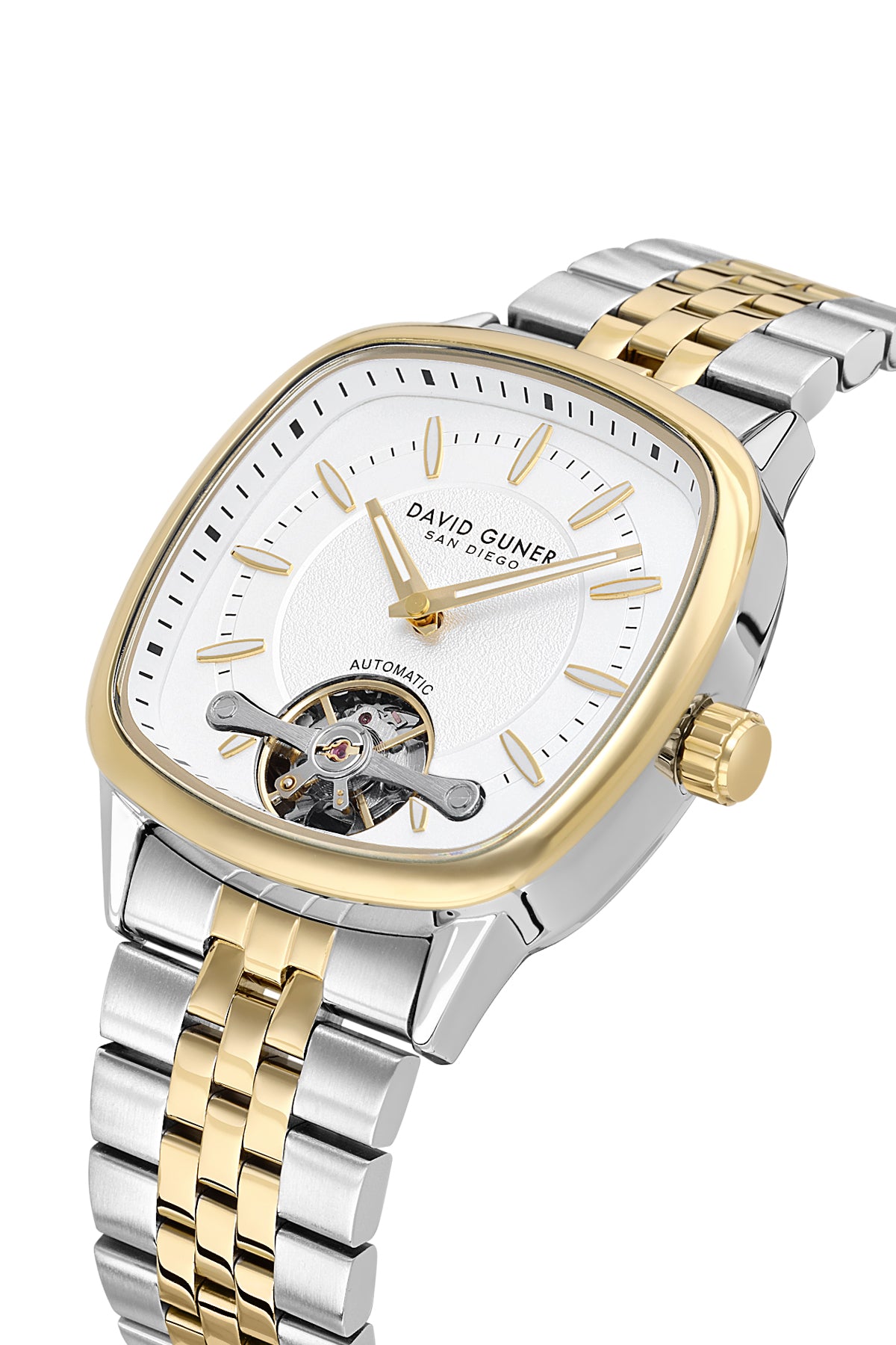 David Guner 9105GA-D1 men's automatic watch with white dial, two-tone case and stainless steel bracelet – angled view