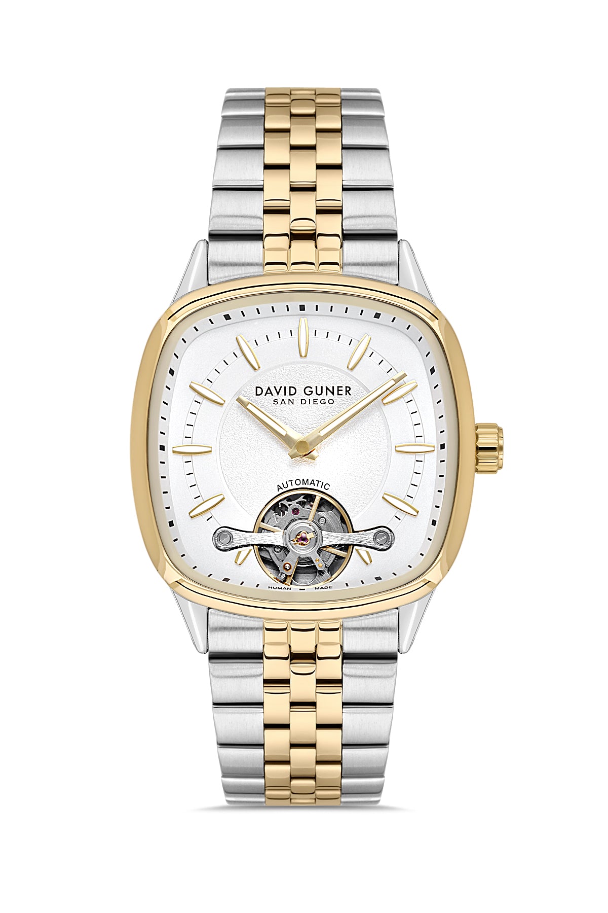 David Guner 9105GA-D1 men's automatic watch with white dial, two-tone case and stainless steel bracelet – front view