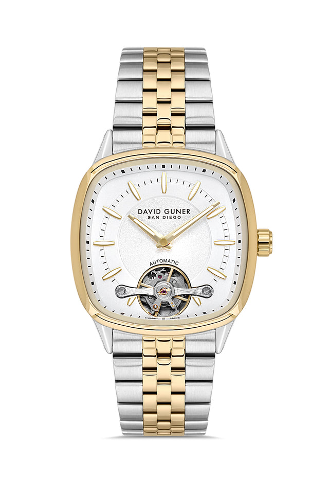 David Guner 9105GA-D1 men's automatic watch with white dial, two-tone case and stainless steel bracelet – front view