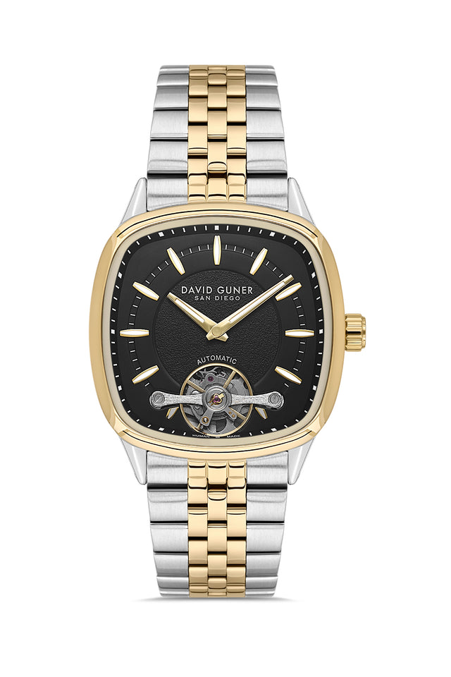 David Guner 9105GA-D2 men's automatic watch with black dial, two-tone case and stainless steel bracelet – front view