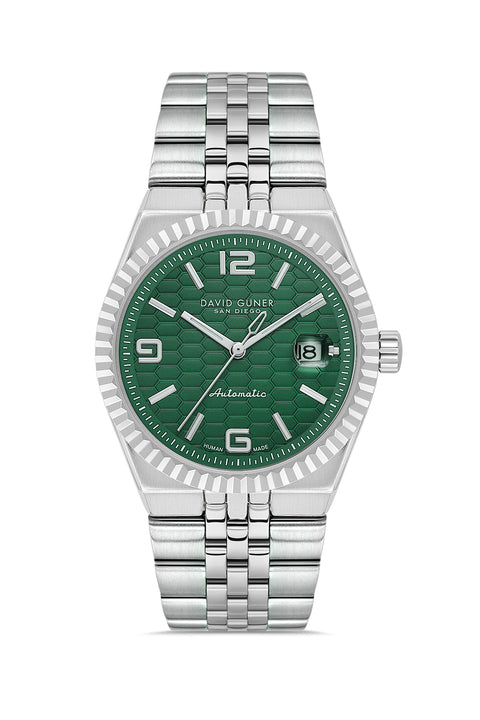 David Guner 9114GA-A10 men's automatic watch with green dial, silver-tone case and stainless steel bracelet – front view