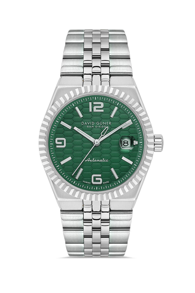 David Guner 9114GA-A10 men's automatic watch with green dial, silver-tone case and stainless steel bracelet – front view